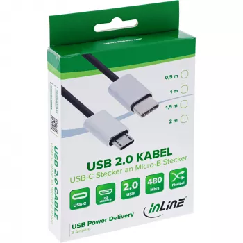 Kabel InLine USB 2.0, wtyk USB-C męski / Micro-B męski, czarny/alu, elastyczny, 0,5 m