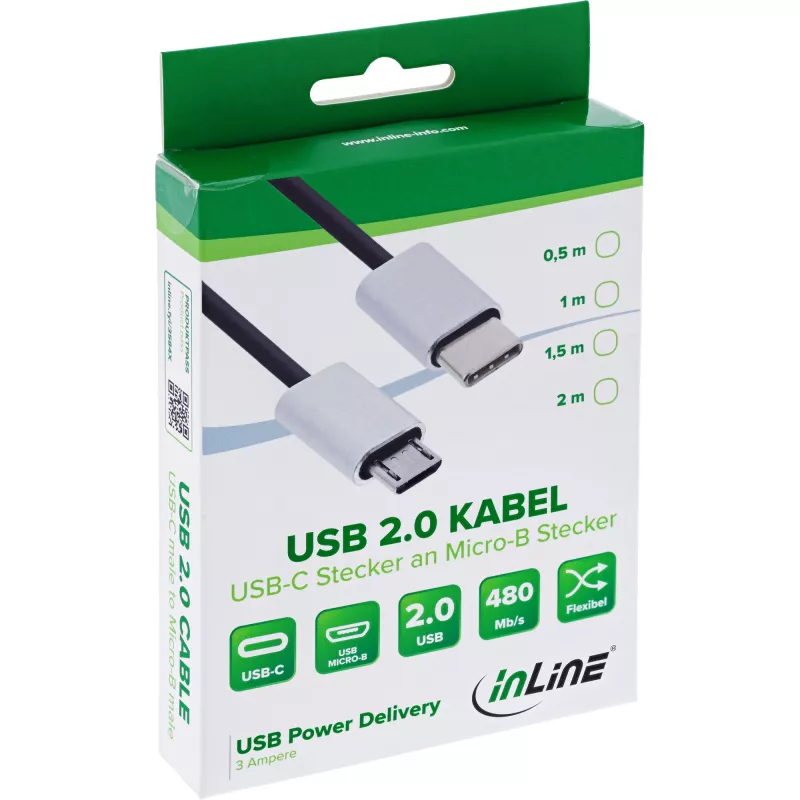 Kabel InLine USB 2.0, wtyk USB-C męski / Micro-B męski, czarny/alu, elastyczny, 0,5 m