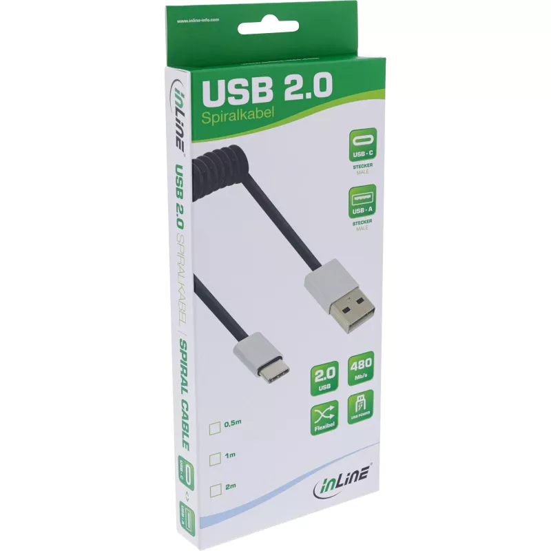 Kabel spiralny InLine USB 2.0, USB-C męski / USB-A męski, czarny/aluminiowy, elastyczny, 2m