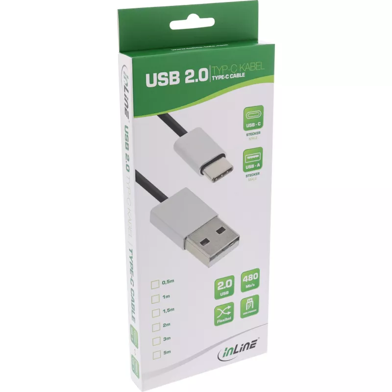 Kabel InLine USB 2.0, USB-C męski / USB-A męski, czarny/aluminium, elastyczny, 0,5 m