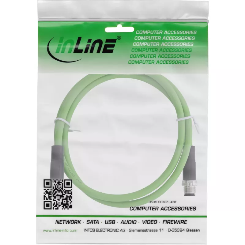 Przemysłowy kabel sieciowy InLine, M12 4-pin D-coded męski/męski, PUR 10m