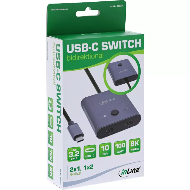 InLine przełącznik USB-C, przełącznik dwukierunkowy, 10 Gb/s, 100 W