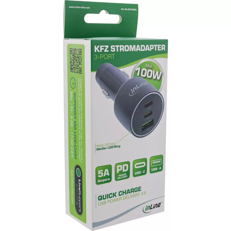 InLine USB samochodowa ładowarka Power Delivery, 2x USB-C + QC USB-A, czarna