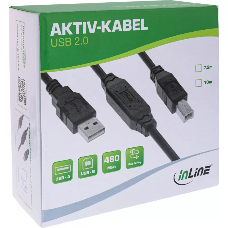 InLine USB 2.0 aktywny kabel, USB-A męski na USB-B męski, 7,5 m