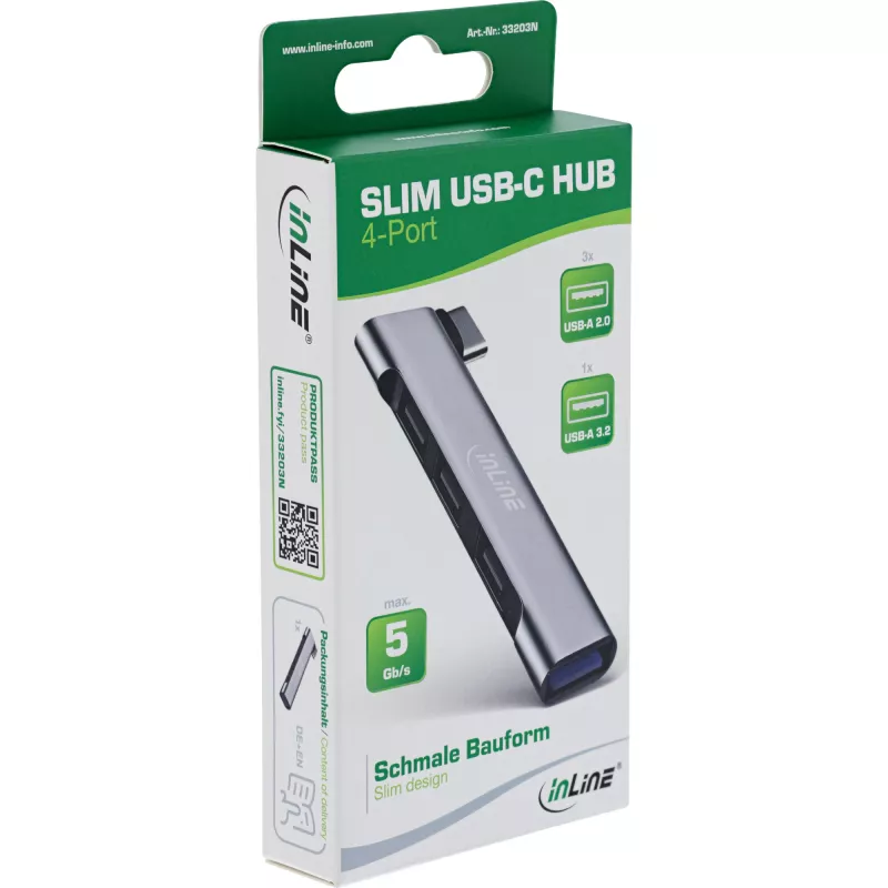 InLine cienki USB-C Hub, 4-port, USB 3.0 + 3x USB 2.0, cienki design