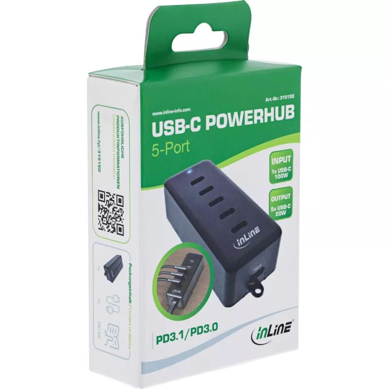 InLine przedłużacz USB-C, 5-portowy, 100W, ładowarka wewnętrzna, kompatybilność uniwersalna