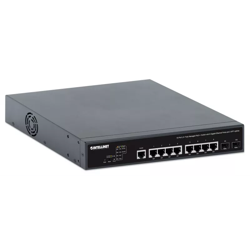 Intellinet 10-portowy w pełni zarządzalny przełącznik PoE++ L2+ z 8 portami Gigabit Ethernet i 2 uplinkami SFP