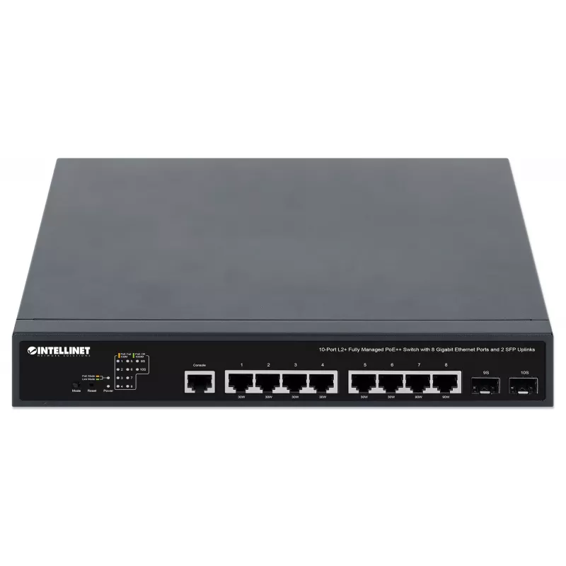 Intellinet 10-portowy w pełni zarządzalny przełącznik PoE++ L2+ z 8 portami Gigabit Ethernet i 2 uplinkami SFP