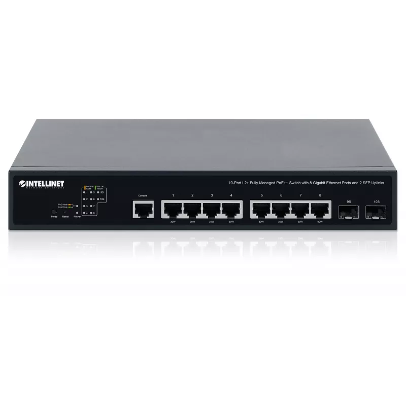 Intellinet 10-portowy w pełni zarządzalny przełącznik PoE++ L2+ z 8 portami Gigabit Ethernet i 2 uplinkami SFP