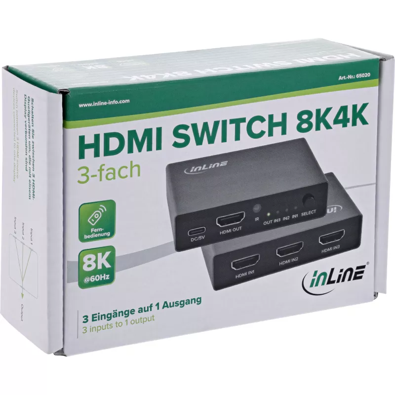 Przełącznik HDMI InLine 65020 3-portowy 8K 60 Hz HDCP 2.3