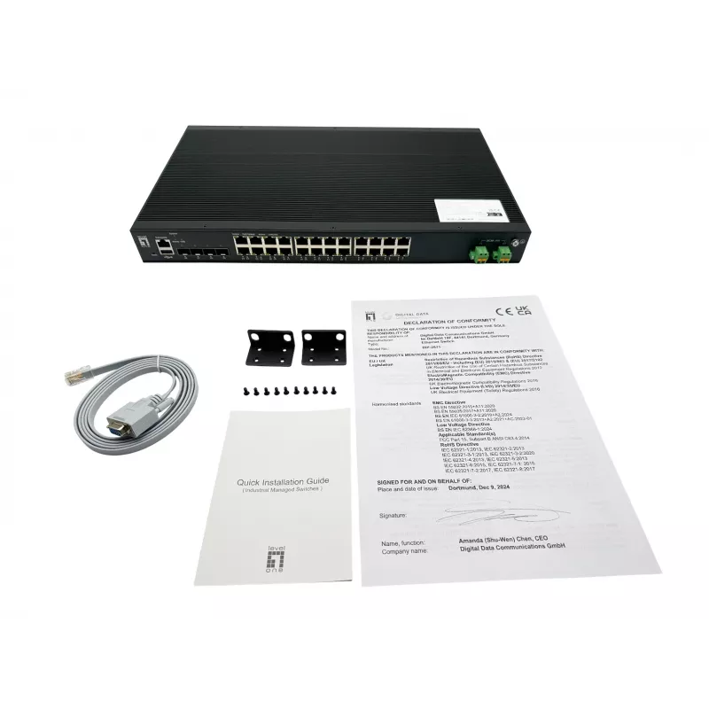 LevelOne 28-Port L2 Plus Managed PoE Industrial Switch, 4 x 1/2.5/10GbE SFP+, 24 PoE Outputs, 370W, 802.3AF/AT/BT PoE, 19 inch Rack Mount, -40°C to 80°C