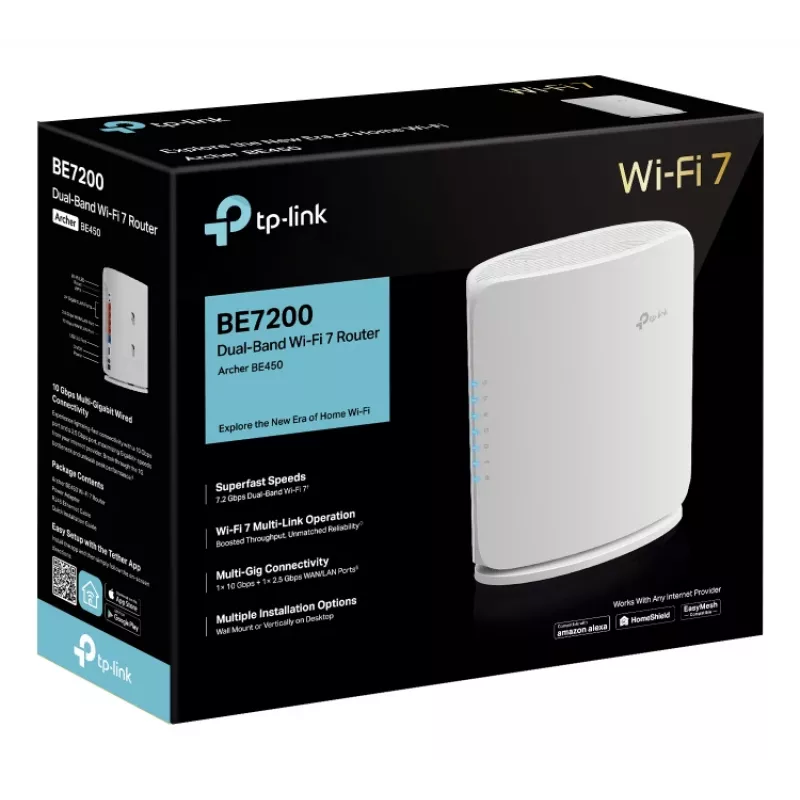 Router bezprzewodowy TP‑Link Archer BE450 — Dwupasmowy (2,4/5 GHz), Wi‑Fi 7, Multi‑Gigabit Ethernet, 5x LAN, USB, biały