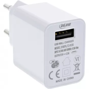 InLine USB Power Adapter Single, 100-240V na 5V/2.5A, biały