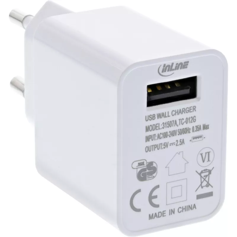 InLine USB Power Adapter Single, 100-240V na 5V/2.5A, biały