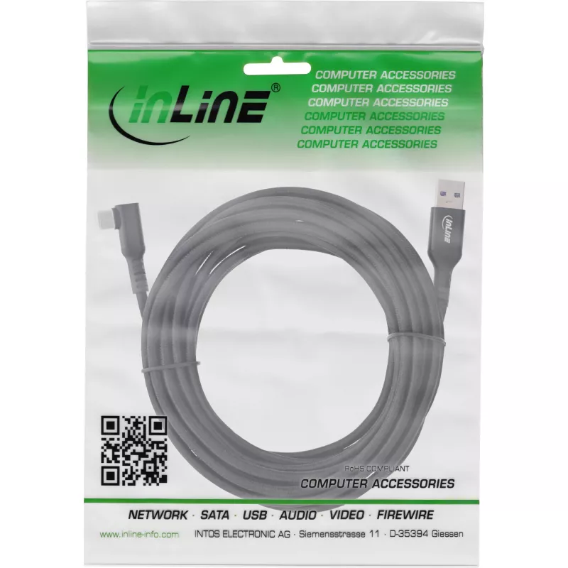 Kabel InLine USB 3.2 Gen.1, wtyczka USB-C kątowa - wtyczka USB-A do VR, czarny, 5m