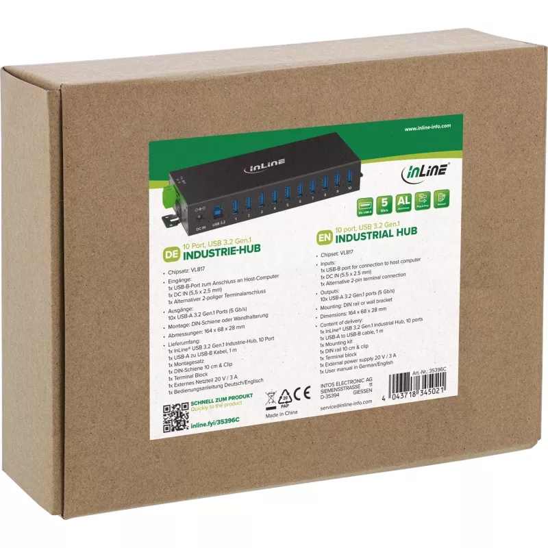 InLine 35396C koncentrator interfejsów USB 3.2 Gen 1 (3.1 Gen 1) Type-B 5000 Mbit/s Czarny