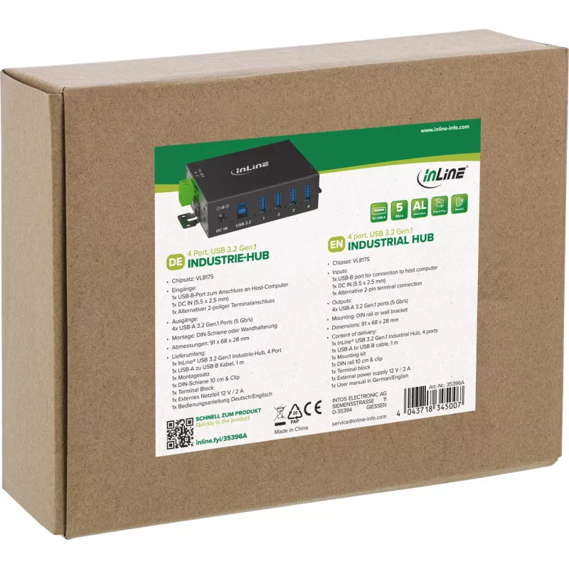 InLine 35396A koncentrator interfejsów USB 3.2 Gen 1 (3.1 Gen 1) Type-B 5000 Mbit/s Czarny