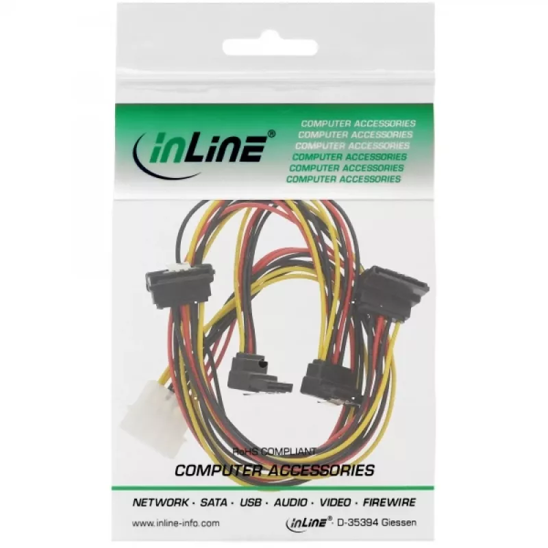 Wewnętrzny kabel rozgałęźnikowy InLine 1x Molex / 4x SATA kątowy z zatrzaskami 0,40+0,55m
