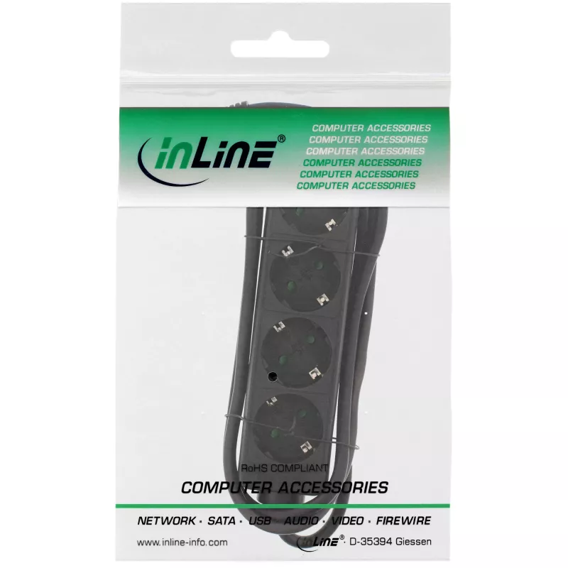 InLine Listwa zasilająca, 4-gniazdowa z uziemieniem CEE 7/3, czarna, 3 m
