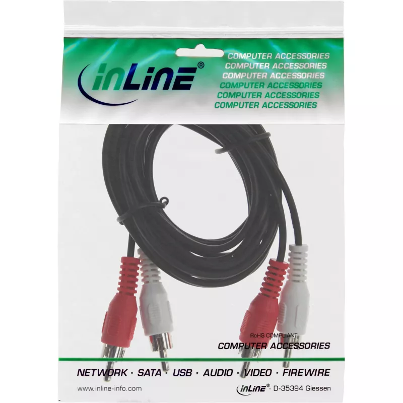 Kabel audio InLine, 2x RCA M/M 10m, Męski, 2 x RCA, Męski, 10 m, Czarny
