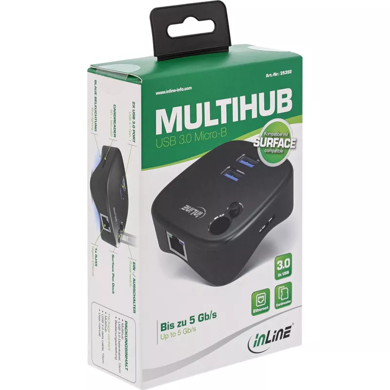 InLine USB 3.0 Multiadapter, 2xUSB-A, RJ45, czytnik kart SD/MicroSD, czarny