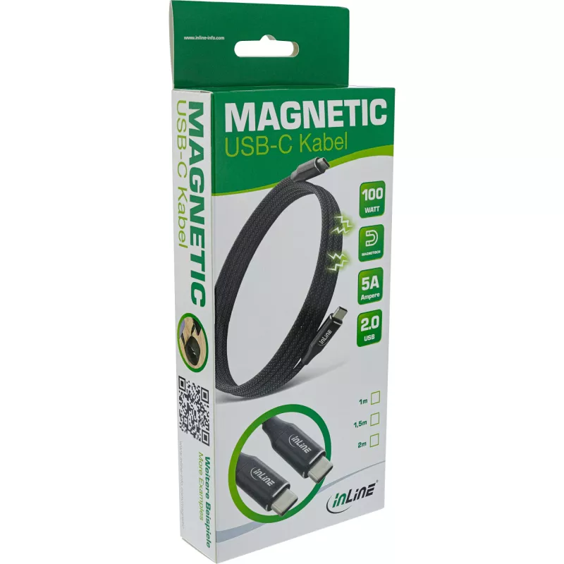 Kabel magnetyczny InLine USB-C, USB-C męski/męski, 100 W, czarny, 1,5 m