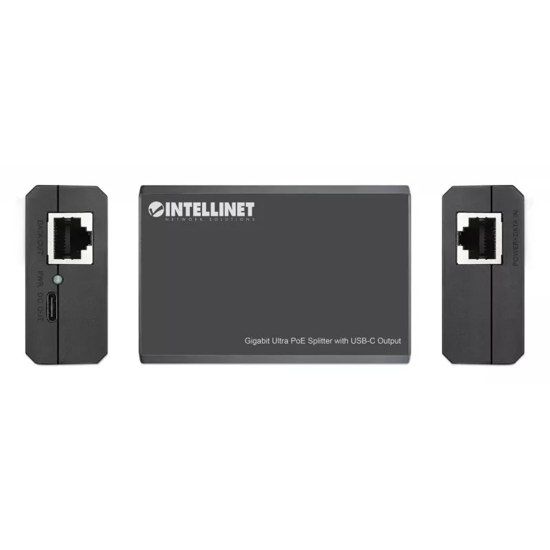 Intellinet rozgałęźnik PoE z wyjściem USB-C, PoE++ / 4PPoE, Gigabit Ultra, IEEE 802.3bt, porty wejściowe i wyjściowe RJ45, port wyjściowy USB-C do 45 W