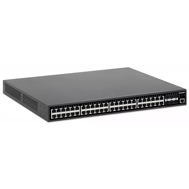 Intellinet 48-portowy gigabitowy przełącznik Ethernet PoE+ zarządzalny warstwy 2+ z sześcioma łączami uplink 10G SFP+ zgodny z IEEE 802.3at/af (PoE+/PoE), budżet mocy PoE 450 W, warstwa 2+/Lite 3, 6 x 10G SFP+ bez modułów
