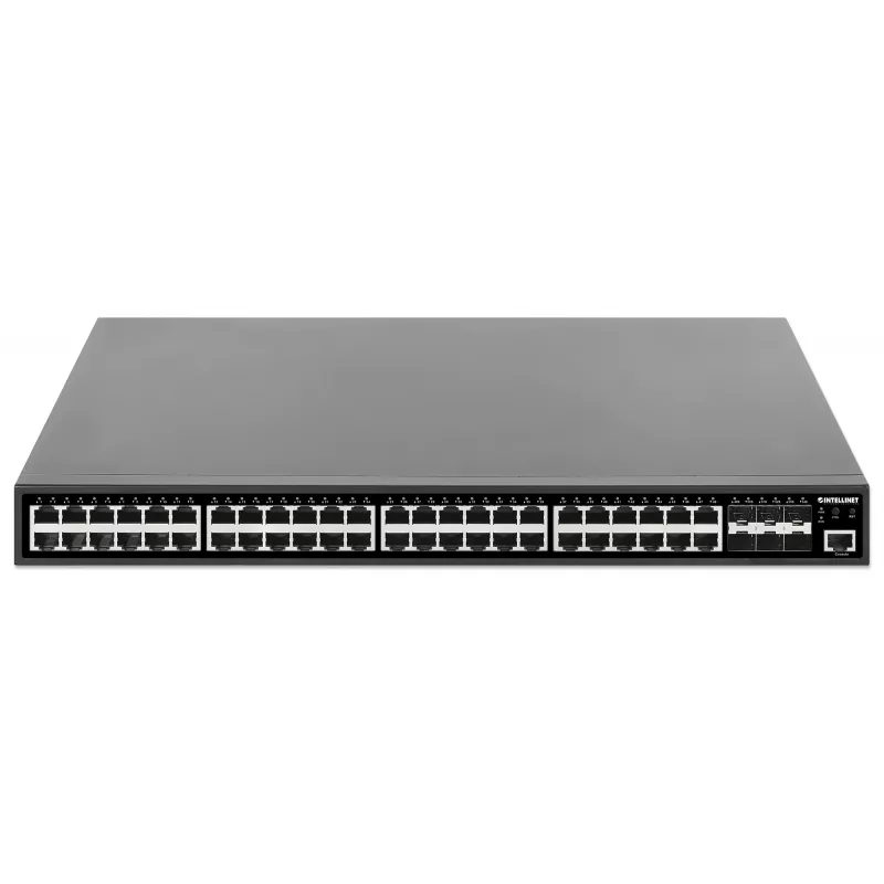 Intellinet 48-portowy gigabitowy przełącznik Ethernet PoE+ zarządzalny warstwy 2+ z sześcioma łączami uplink 10G SFP+ zgodny z IEEE 802.3at/af (PoE+/PoE), budżet mocy PoE 450 W, warstwa 2+/Lite 3, 6 x 10G SFP+ bez modułów