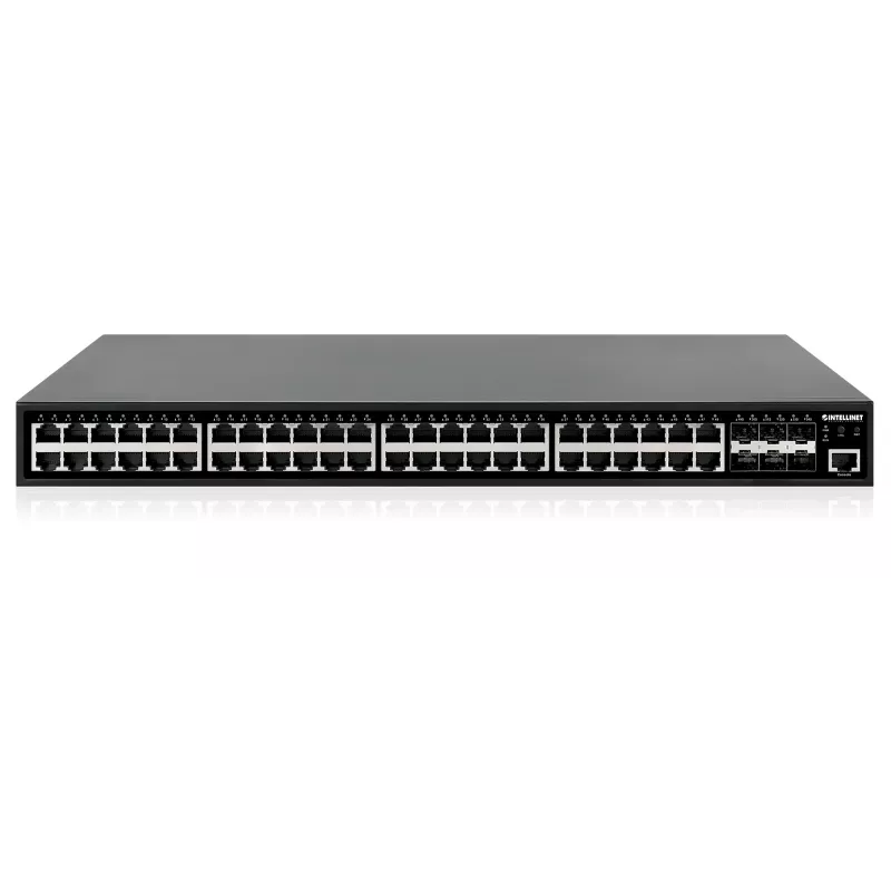Intellinet 48-portowy gigabitowy przełącznik Ethernet PoE+ zarządzalny warstwy 2+ z sześcioma łączami uplink 10G SFP+ zgodny z IEEE 802.3at/af (PoE+/PoE), budżet mocy PoE 450 W, warstwa 2+/Lite 3, 6 x 10G SFP+ bez modułów