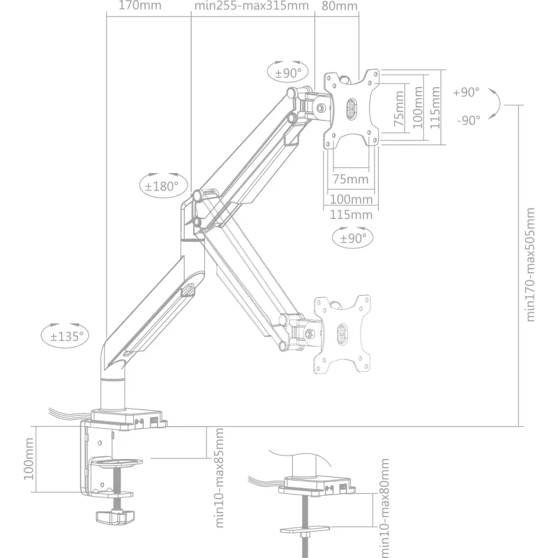 Uchwyt stołowy InLine z podnośnikiem i USB/Audio do max. 82 cm 32 cale 9 kg