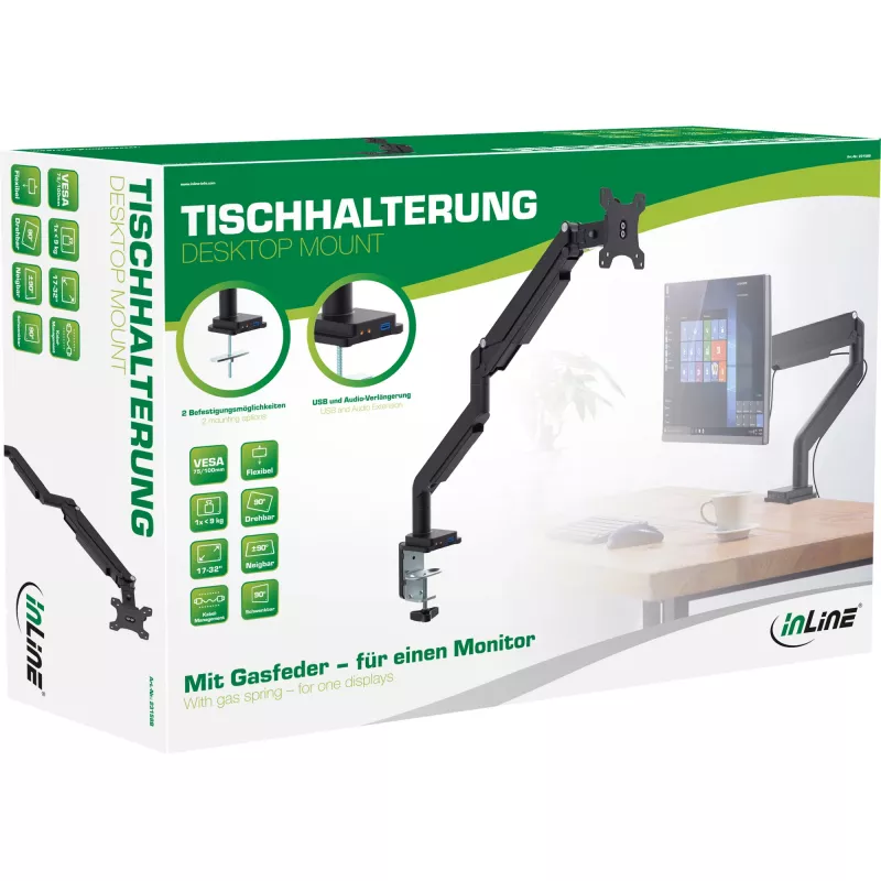 Uchwyt stołowy InLine z podnośnikiem i USB/Audio do max. 82 cm 32 cale 9 kg