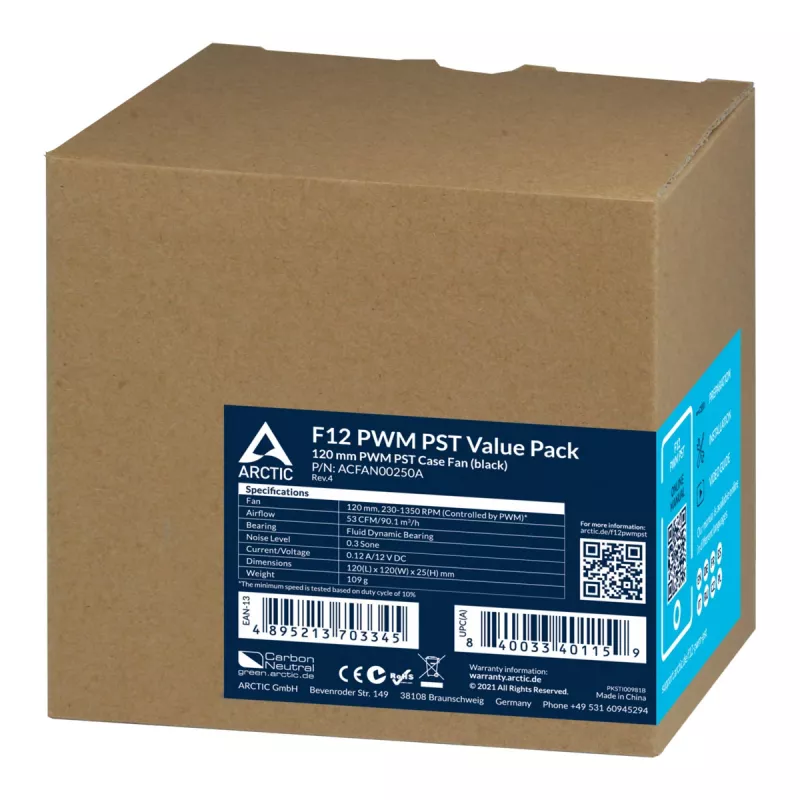 ARCTIC F12 PWM PST - Wentylator obudowy 120 mm PWM, wentylator, 12 cm, 230 RPM, 1350 RPM, 0,3 sona, 90,1 m³/h