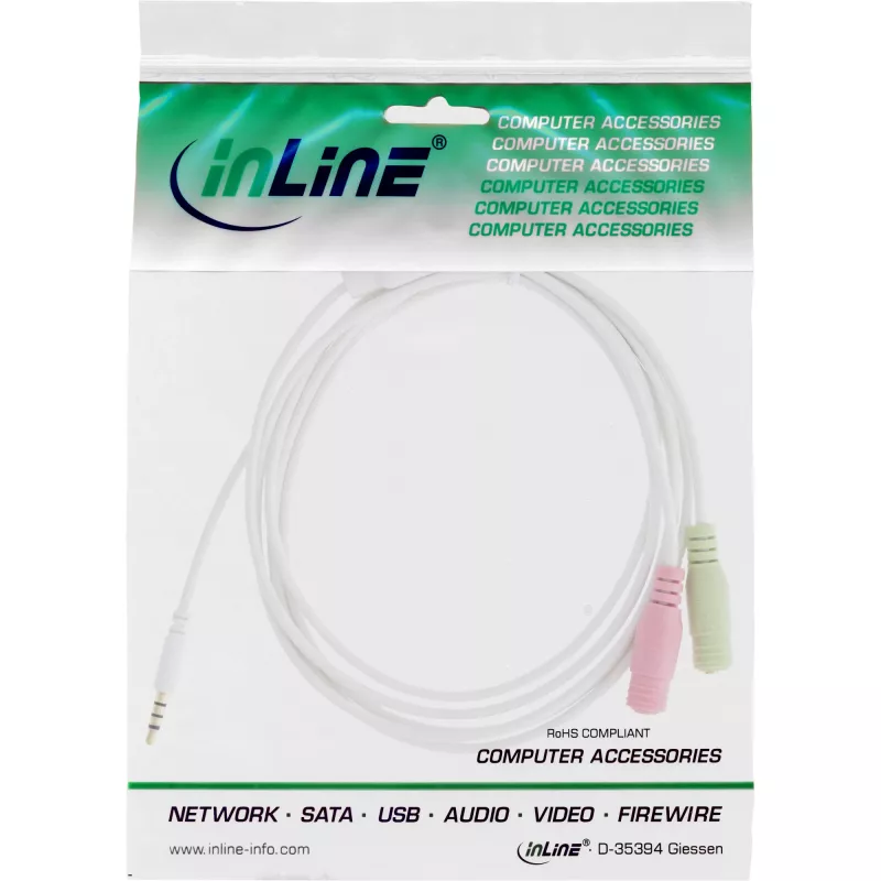 InLine Kabel przejściówki audio do zestawu słuchawkowego 3,5 mm męski 4-pin / 2x 3,5 mm, biały, 1 m