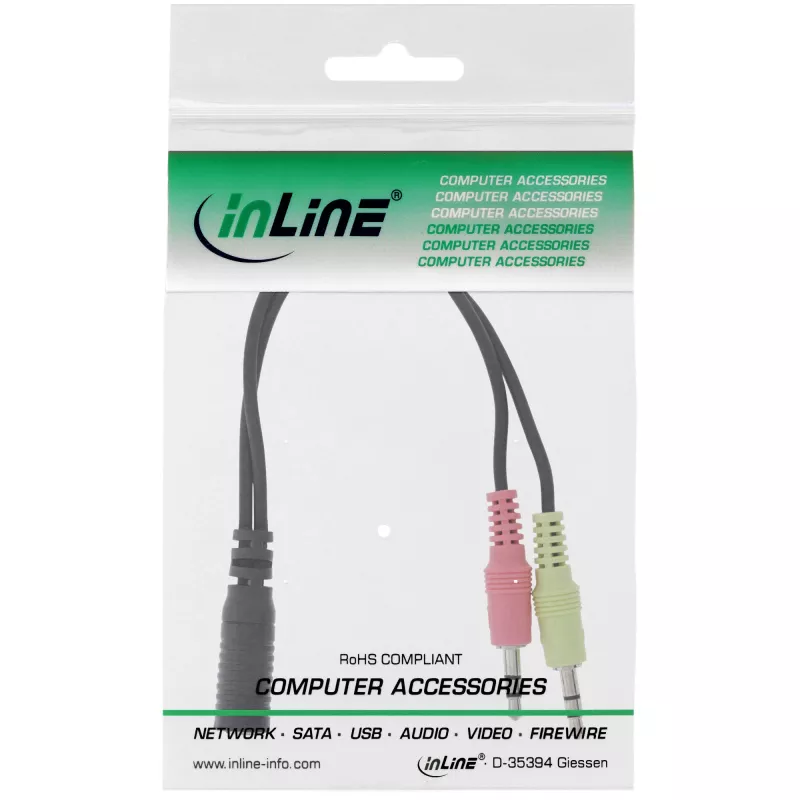 adapter kablowya InLine Audio Headset, 2x 3.5mm M na 3.5mm F 4pin, OMTP, 0,15m