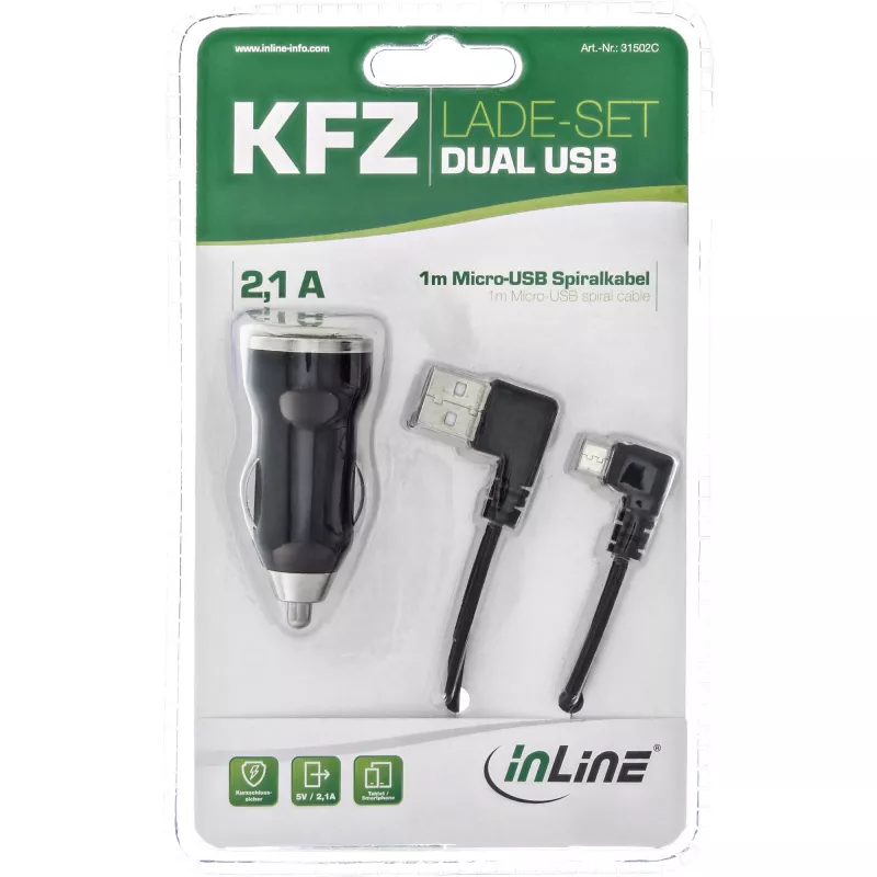InLine USB DUAL+ KFZ zestaw do ładowania, zasilacz z kablem spiralnym 1 m