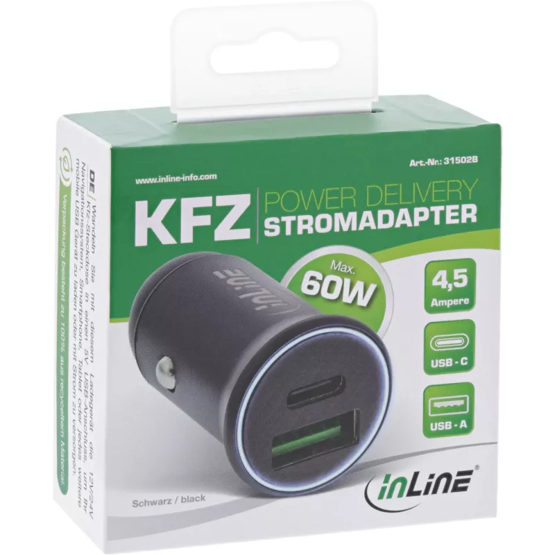InLine ładowarka samochodowa USB adapter zasilający power delivery, USB-A + USB-C, czarna