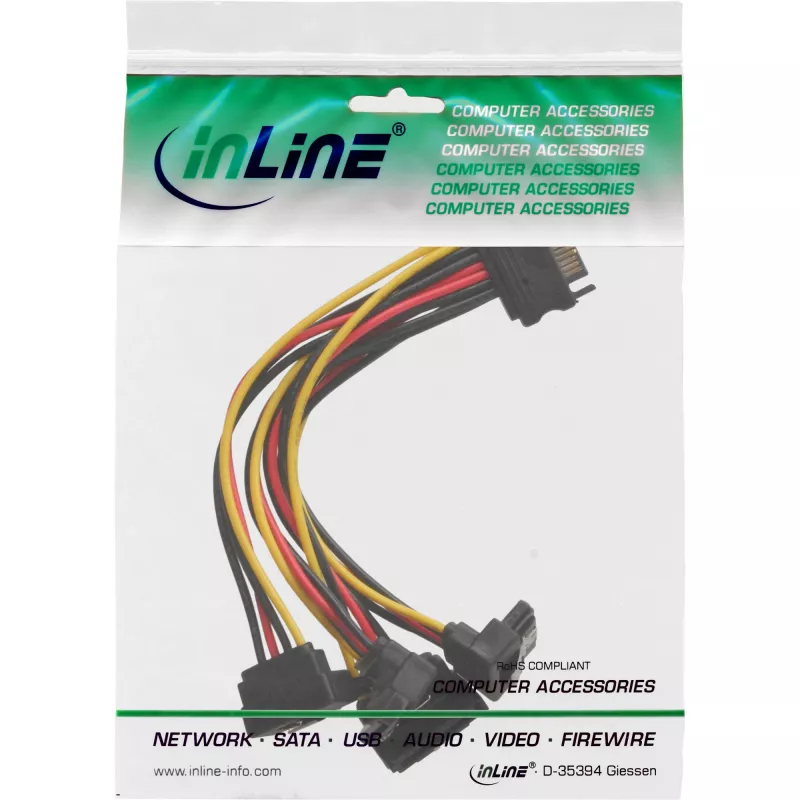 Kabel zasilający InLine SATA 1 na 4, żeński / 4x męski SATA kątowy z zatrzaskami, 0,15 m