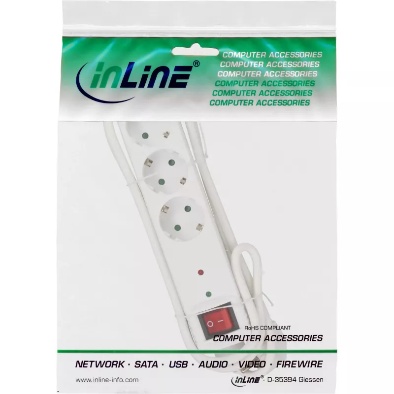 InLine Listwa zasilająca CEE 7/3, 3-gniazdowa, ochrona przeciwprzepięciowa, wyłącznik, biały