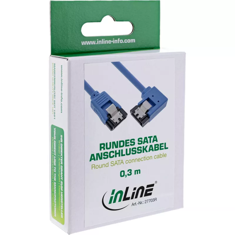 Kabel SATA InLine 6 Gb/s okrągły, jedna strona kątowa 90°, z zatrzaskami, 0,3 m