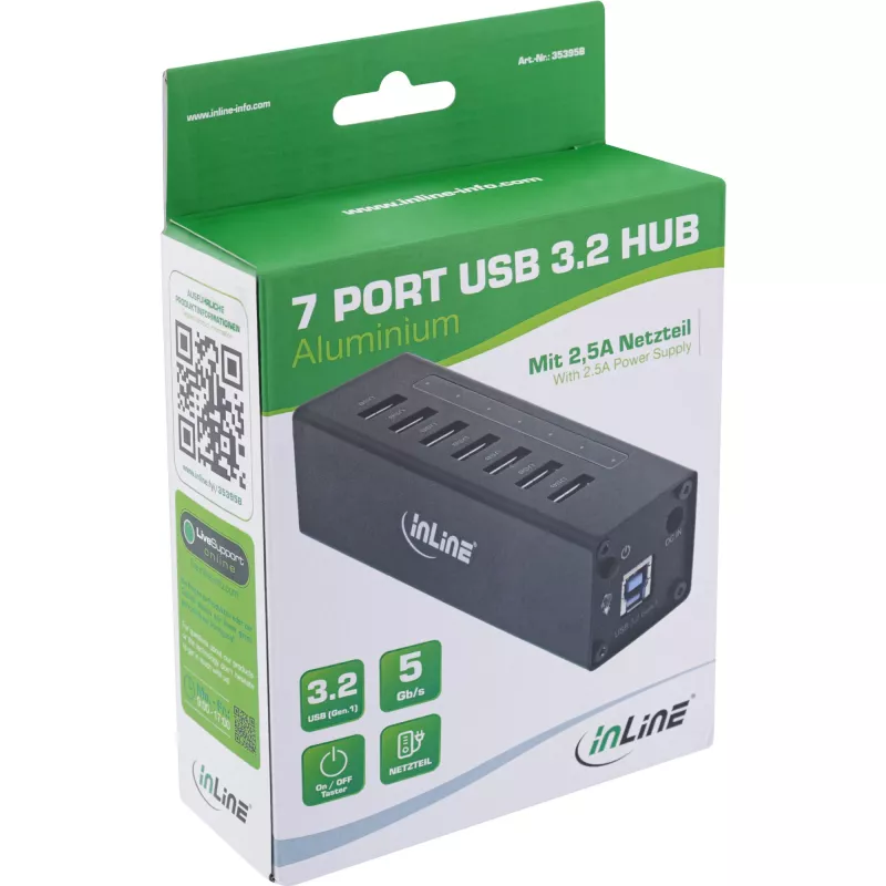 InLine USB 3.0 Hub, 7 port, aluminiowa obudowa, z zasilaczem 2,5A