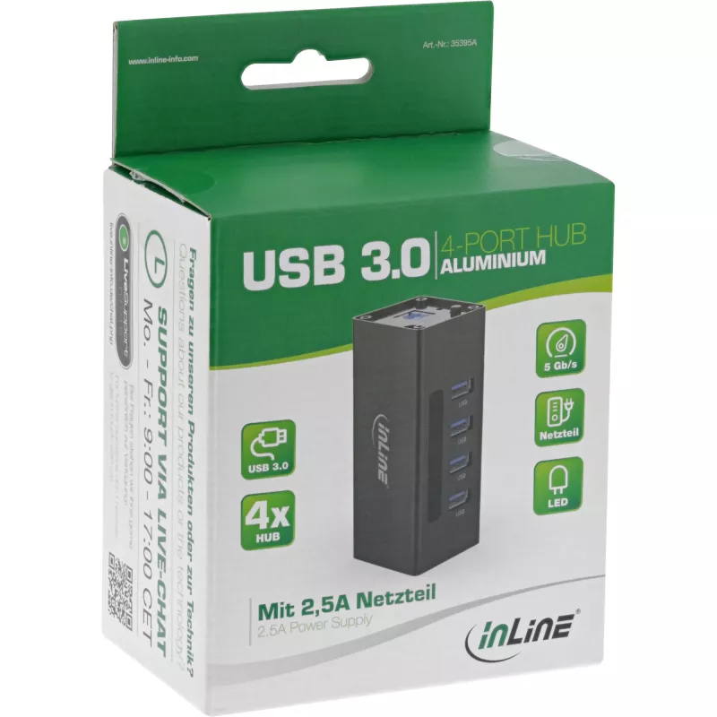 InLine USB 3.0 Hub, 4 porty, obudowa aluminiowa, z zasilaczem 2,5A