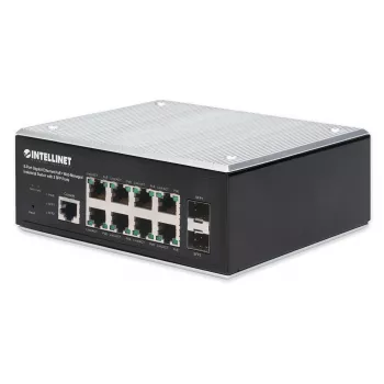 Intellinet Industrial 8-Port Gigabit Ethernet PoE+ Layer 2+ Web-Managed Switch z 2 portami SFP, zgodny z IEEE 802.3at/af (PoE+/PoE), budżet mocy PoE do 240 W, Layer 2+/Layer 3 Lite, obudowa metalowa IP30, sieć samonaprawiająca, Endspan, montaż na szynie D