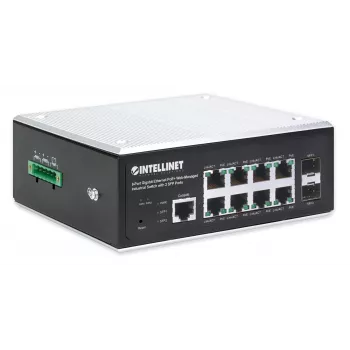 Intellinet Industrial 8-Port Gigabit Ethernet PoE+ Layer 2+ Web-Managed Switch z 2 portami SFP, zgodny z IEEE 802.3at/af (PoE+/PoE), budżet mocy PoE do 240 W, Layer 2+/Layer 3 Lite, obudowa metalowa IP30, sieć samonaprawiająca, Endspan, montaż na szynie D
