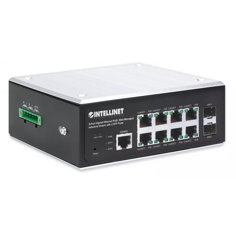 Intellinet Industrial 8-Port Gigabit Ethernet PoE+ Layer 2+ Web-Managed Switch z 2 portami SFP, zgodny z IEEE 802.3at/af (PoE+/PoE), budżet mocy PoE do 240 W, Layer 2+/Layer 3 Lite, obudowa metalowa IP30, sieć samonaprawiająca, Endspan, montaż na szynie D
