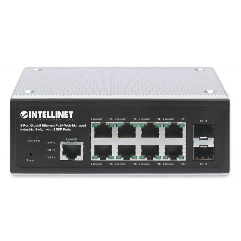 Intellinet Industrial 8-Port Gigabit Ethernet PoE+ Layer 2+ Web-Managed Switch z 2 portami SFP, zgodny z IEEE 802.3at/af (PoE+/PoE), budżet mocy PoE do 240 W, Layer 2+/Layer 3 Lite, obudowa metalowa IP30, sieć samonaprawiająca, Endspan, montaż na szynie D
