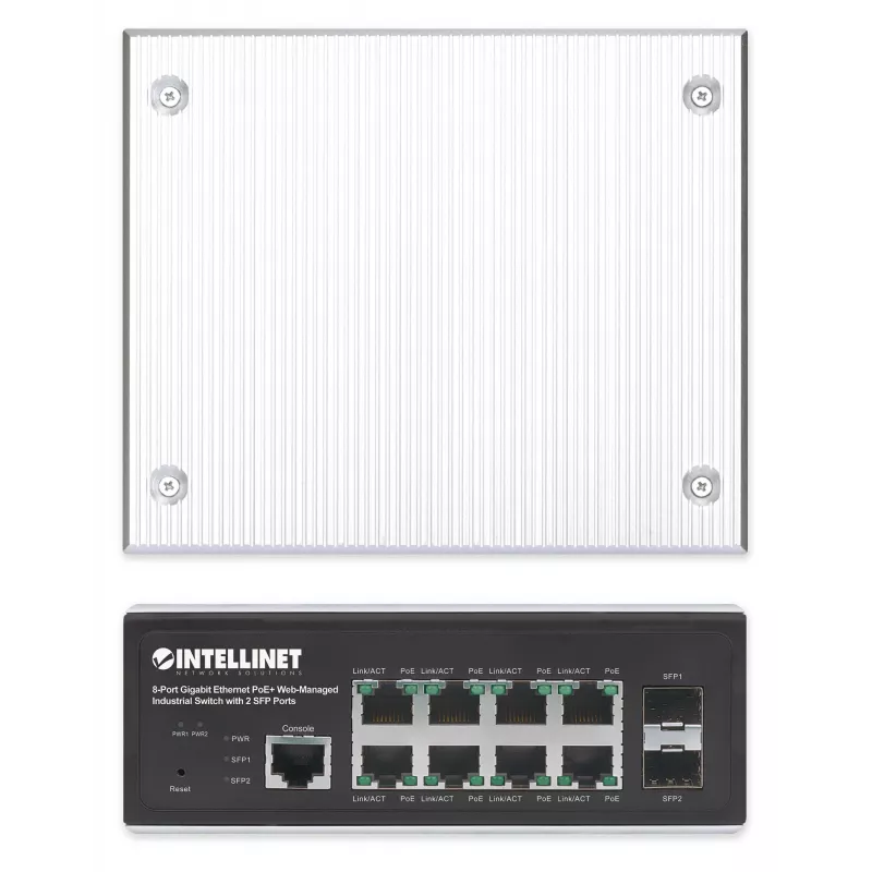 Intellinet Industrial 8-Port Gigabit Ethernet PoE+ Layer 2+ Web-Managed Switch z 2 portami SFP, zgodny z IEEE 802.3at/af (PoE+/PoE), budżet mocy PoE do 240 W, Layer 2+/Layer 3 Lite, obudowa metalowa IP30, sieć samonaprawiająca, Endspan, montaż na szynie D