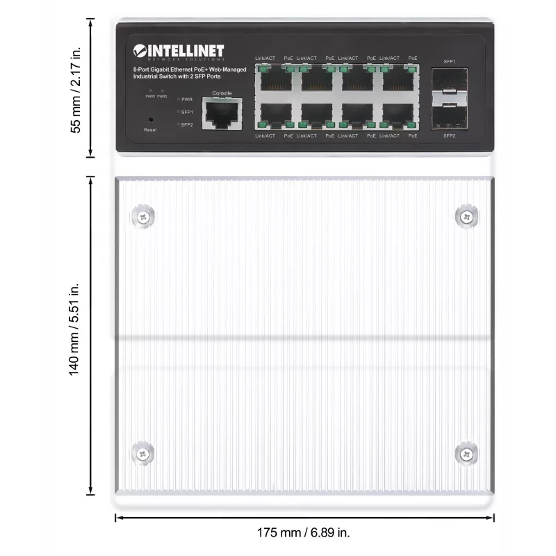 Intellinet Industrial 8-Port Gigabit Ethernet PoE+ Layer 2+ Web-Managed Switch z 2 portami SFP, zgodny z IEEE 802.3at/af (PoE+/PoE), budżet mocy PoE do 240 W, Layer 2+/Layer 3 Lite, obudowa metalowa IP30, sieć samonaprawiająca, Endspan, montaż na szynie D