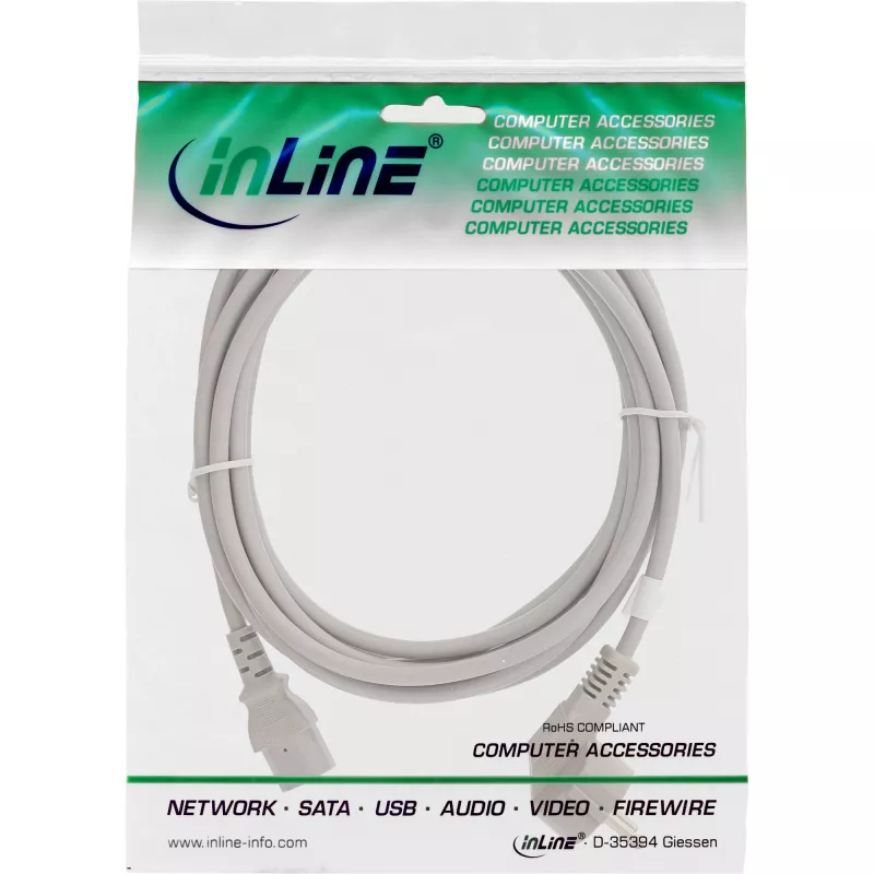 Kabel zasilający InLine, CEE 7/7 kątowy / 3-pin IEC C13 męski, szary, 5m