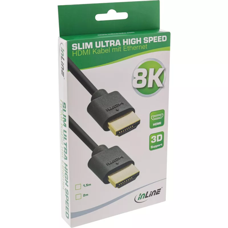 Przewód HDMI Slim Ultra High Speed M/M 8K4K pozłacany czarny 1,5 m